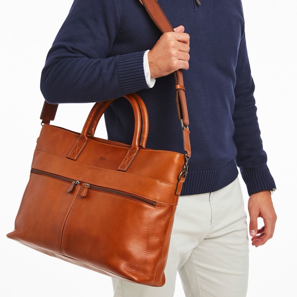 Men's Tan Leather Briefcase Bag - Classic Professional Carry